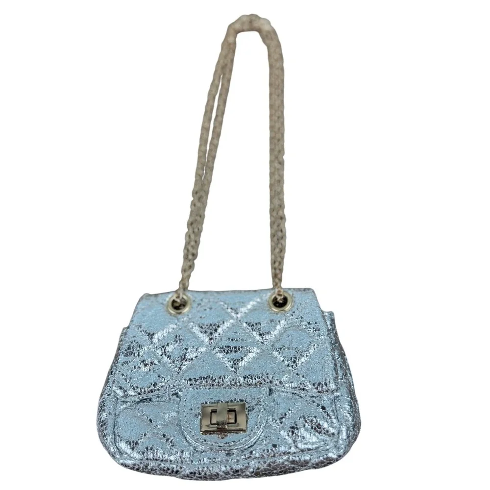 Girls Silver Metallic Quilted Mini Flap Crossbody Bag Gold Chain Strap